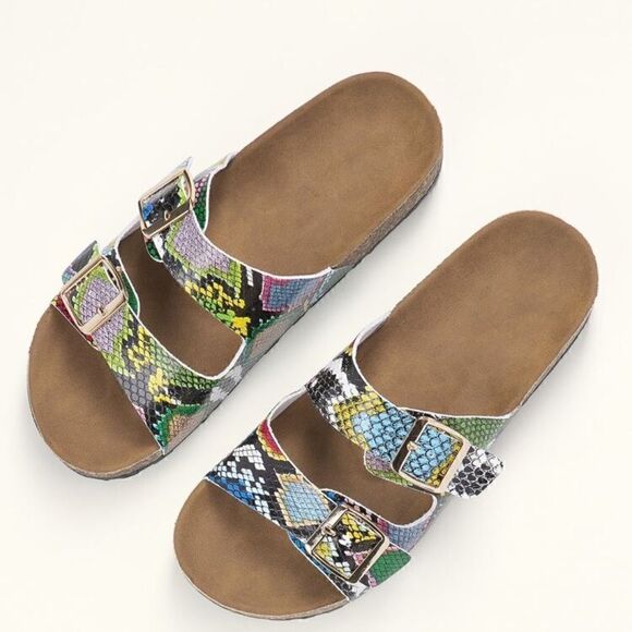NEW! Boho Multi Colored Snake Skin Pattern Twin Buckle Band Slide Sandals Mules - Picture 2 of 3